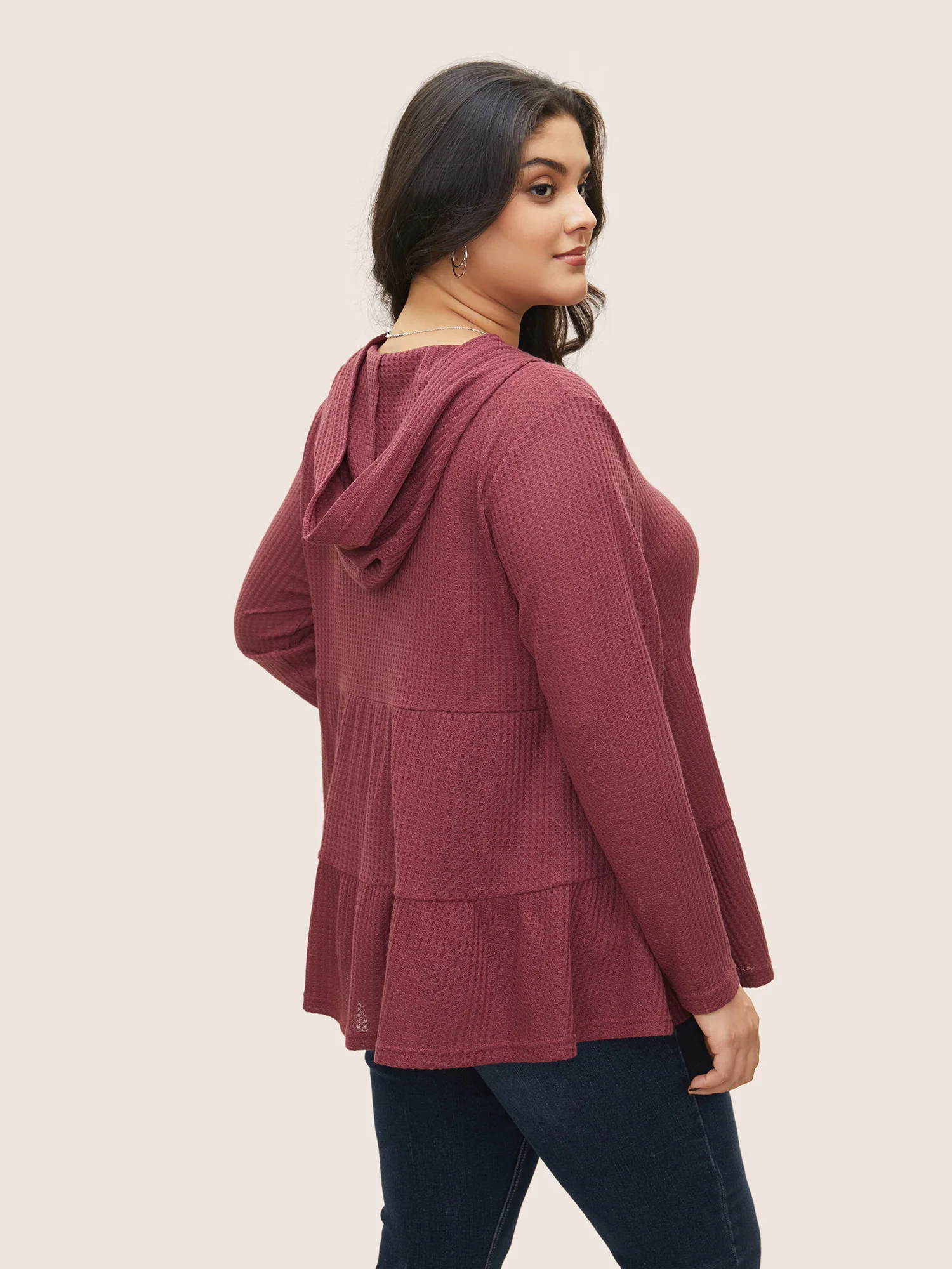 Plain Waffle Knit Ruffle Hem  T-shirt - Image 2