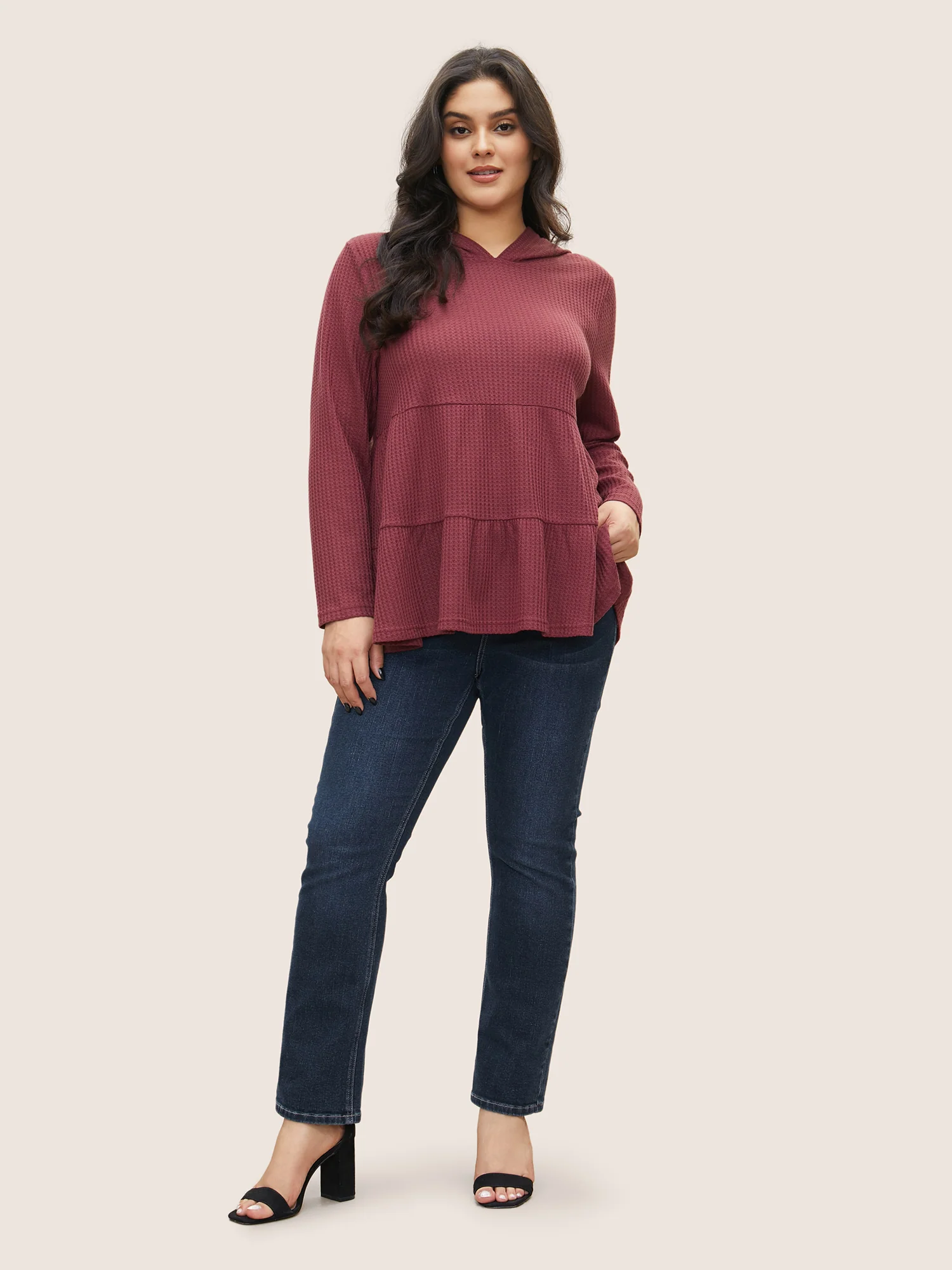 Plain Waffle Knit Ruffle Hem  T-shirt - Image 3