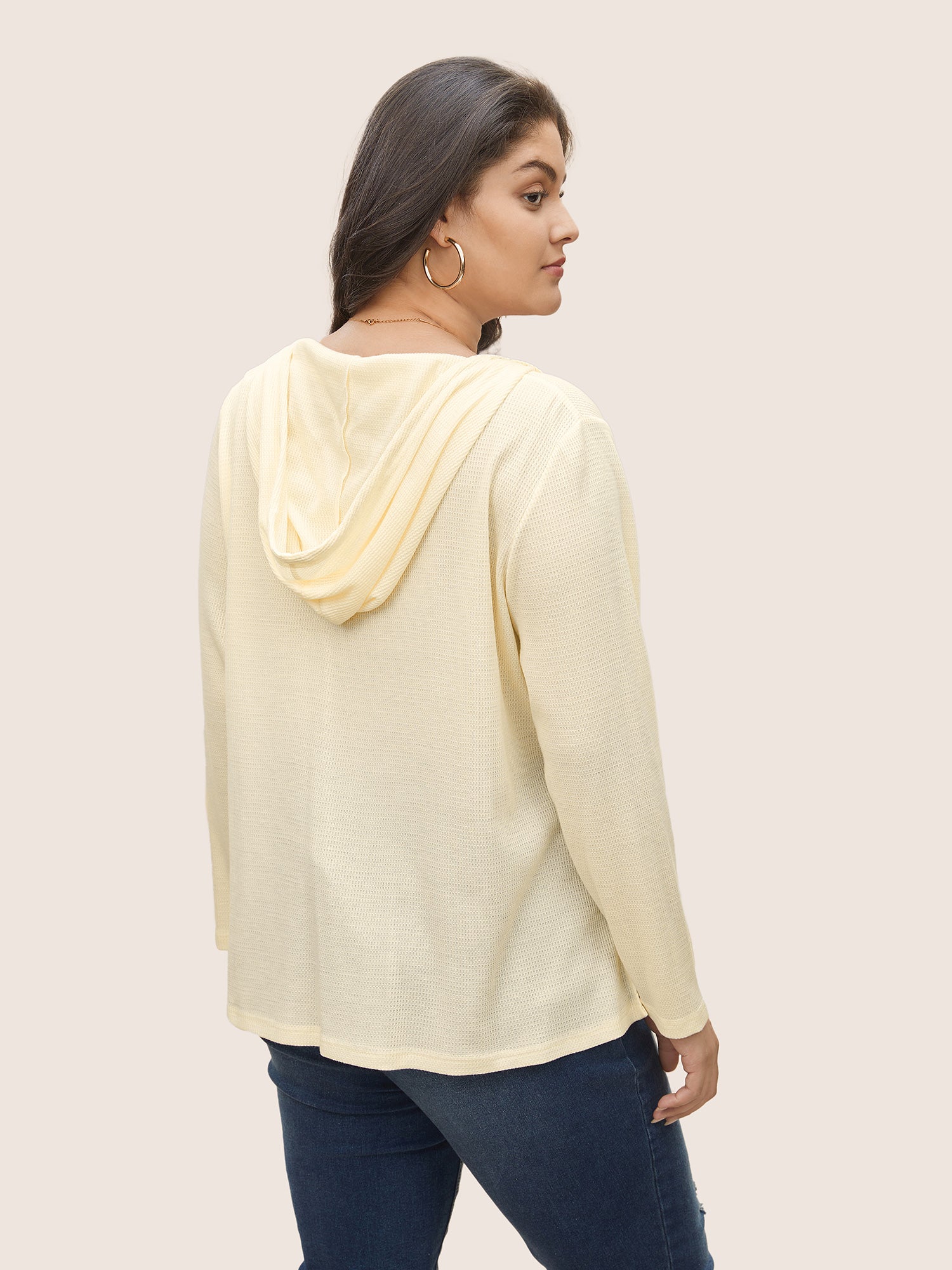 Plain Waffle Knit Tassel Trim Hooded Sweatshirt - Image 2