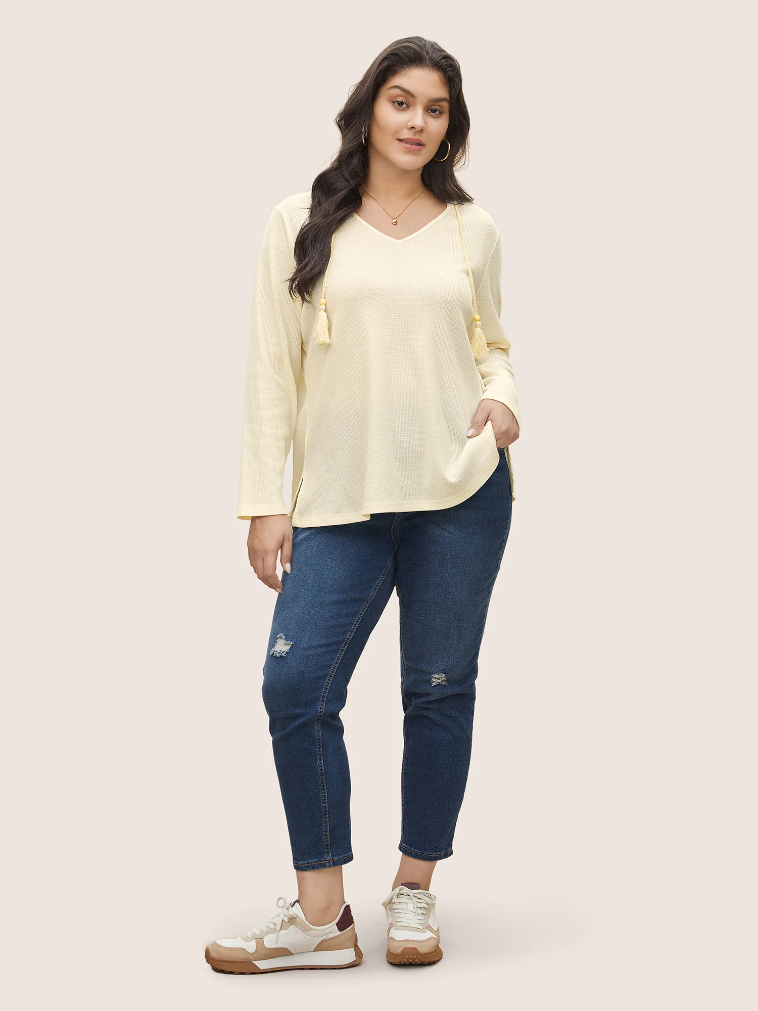 Plain Waffle Knit Tassel Trim Hooded Sweatshirt - Image 3