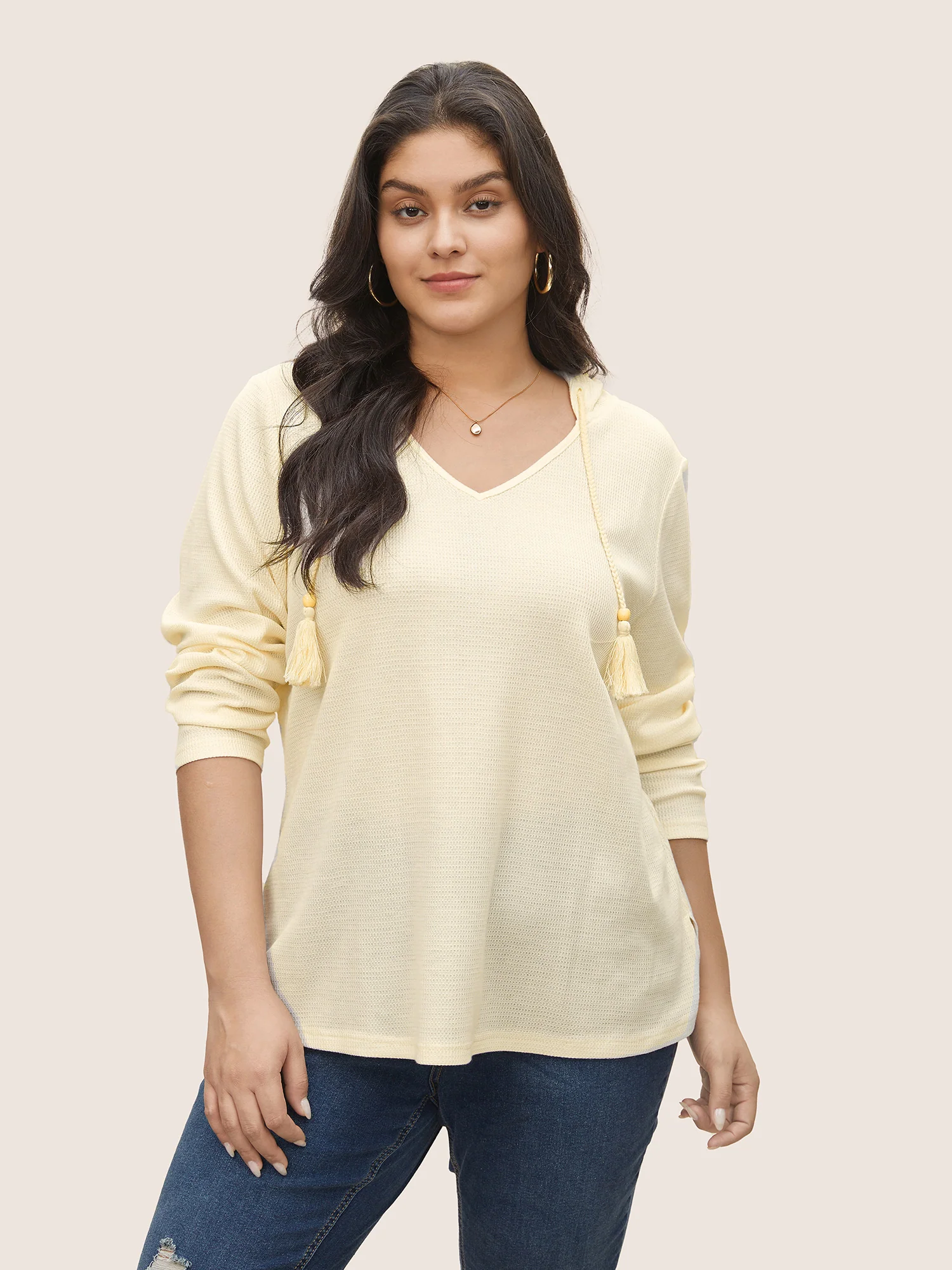 Plain Waffle Knit Tassel Trim Hooded Sweatshirt - Image 4