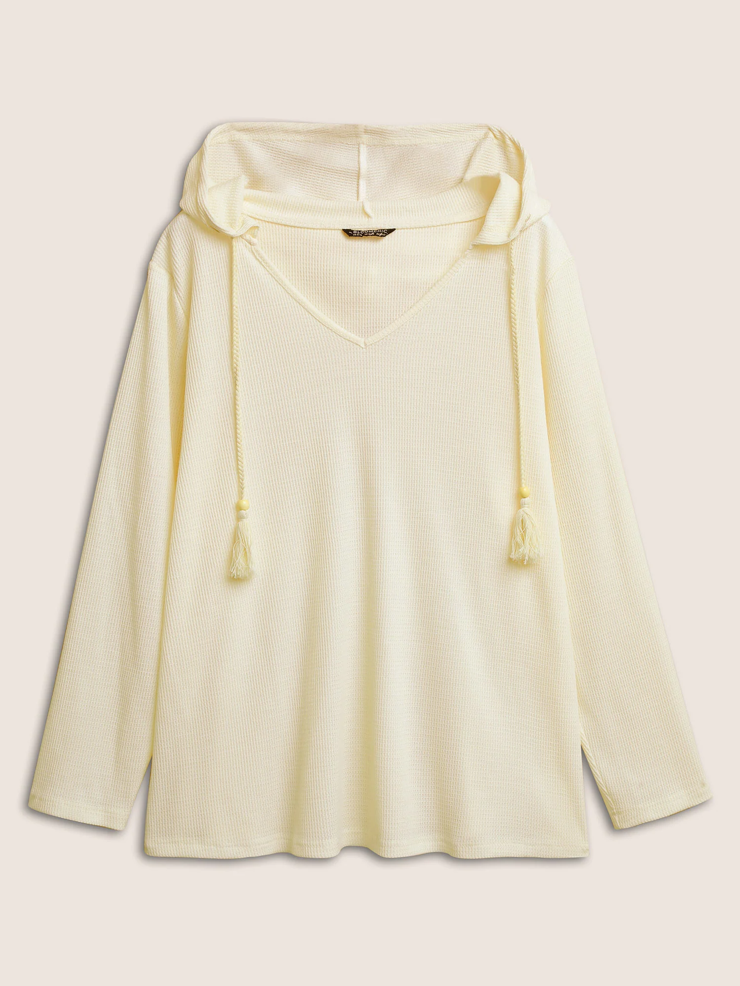 Plain Waffle Knit Tassel Trim Hooded Sweatshirt - Image 8