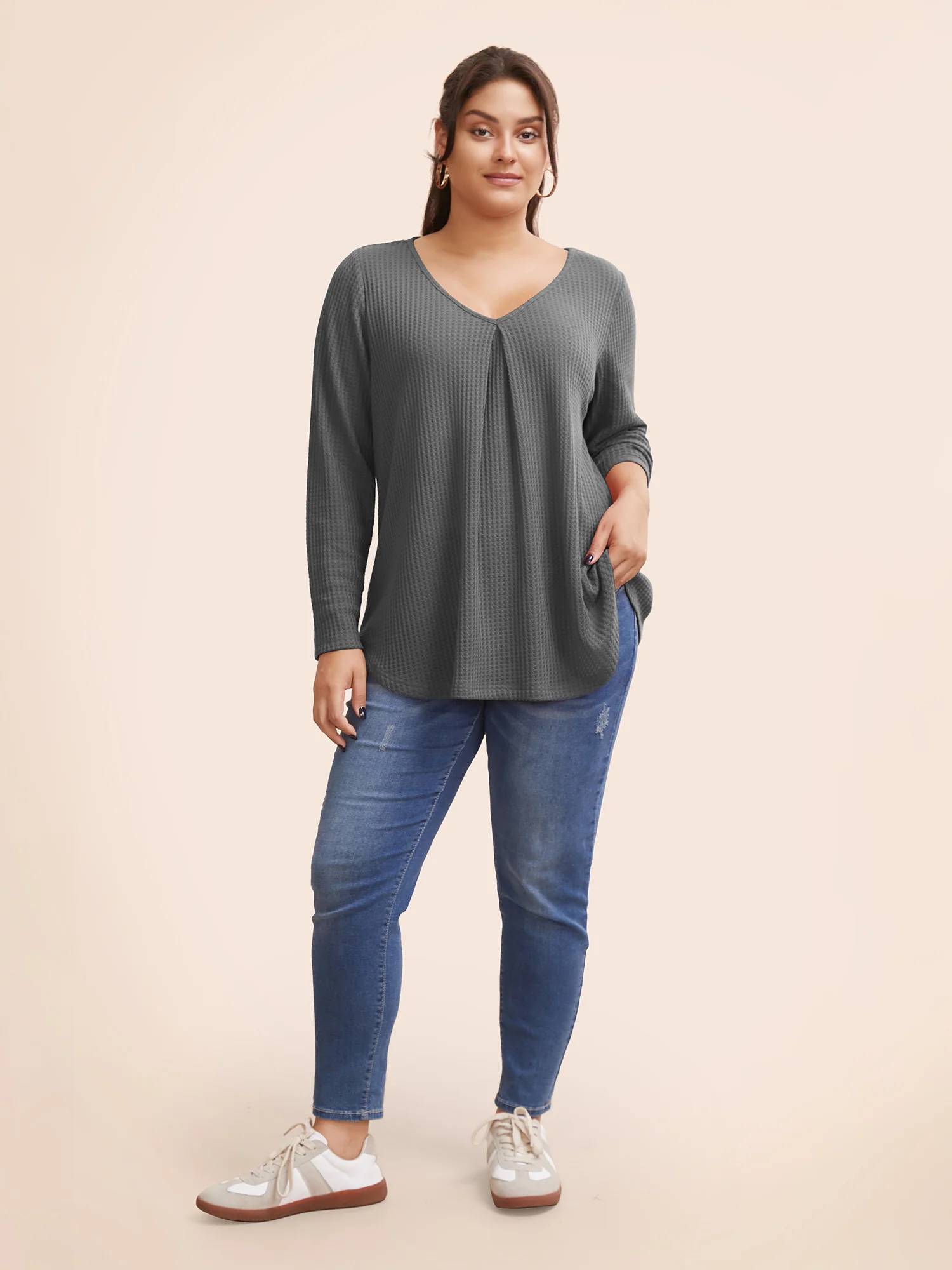 Plain Waffle Knit Scoop Neck Plicated Detail T-shirt - Image 10