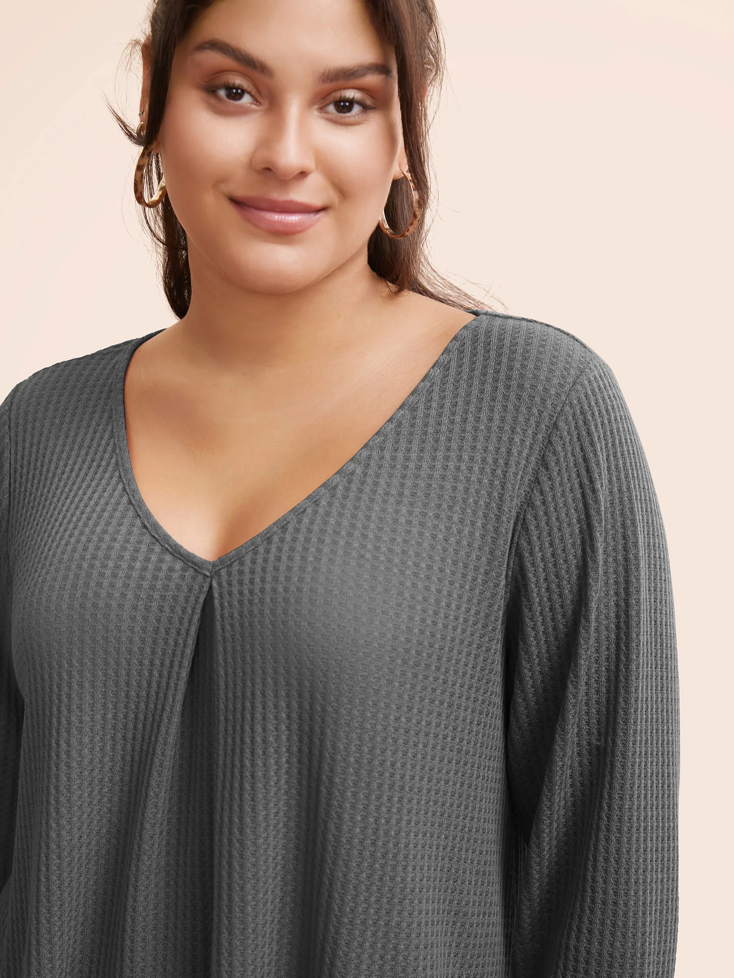 Plain Waffle Knit Scoop Neck Plicated Detail T-shirt - Image 11