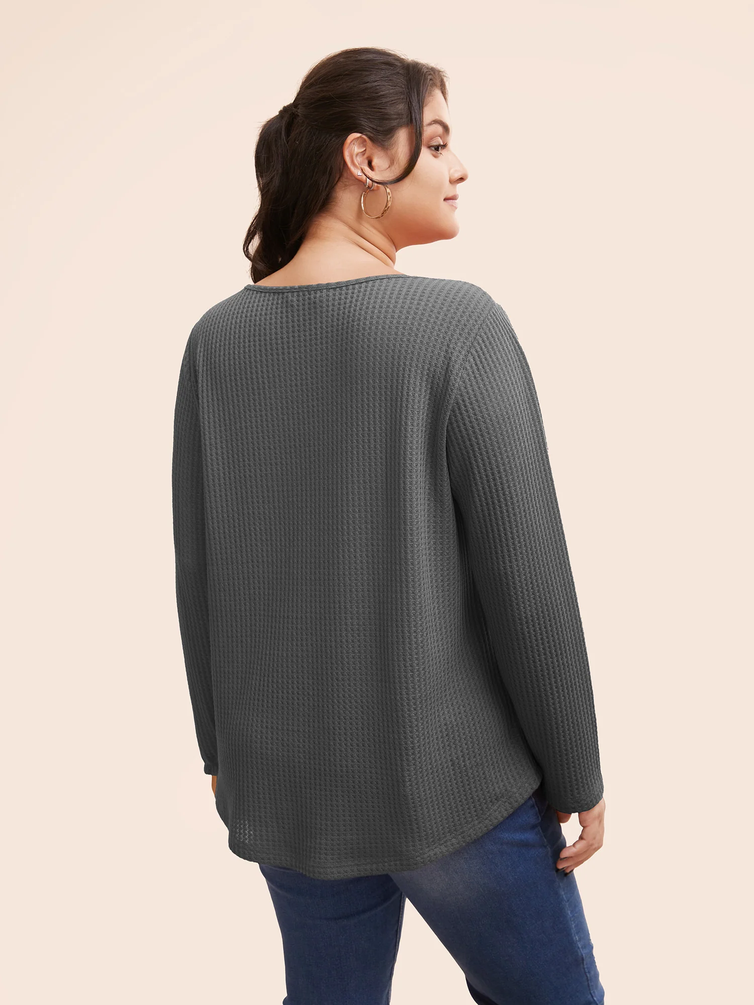 Plain Waffle Knit Scoop Neck Plicated Detail T-shirt - Image 12