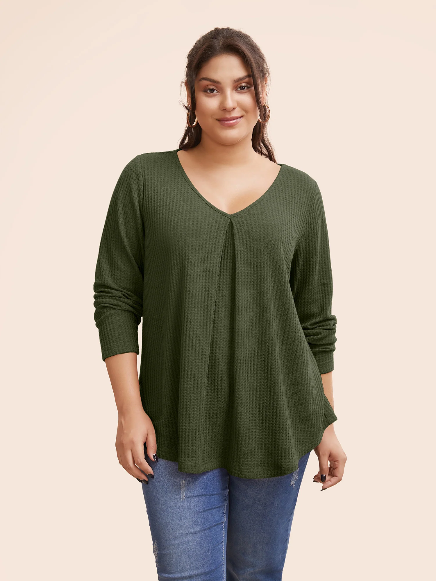 Plain Waffle Knit Scoop Neck Plicated Detail T-shirt - Image 13
