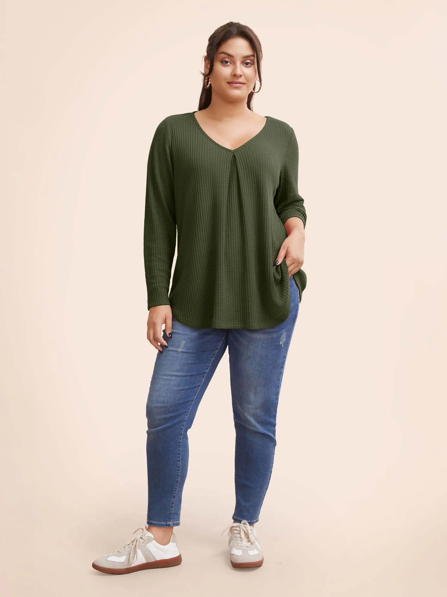 Plain Waffle Knit Scoop Neck Plicated Detail T-shirt - Image 14
