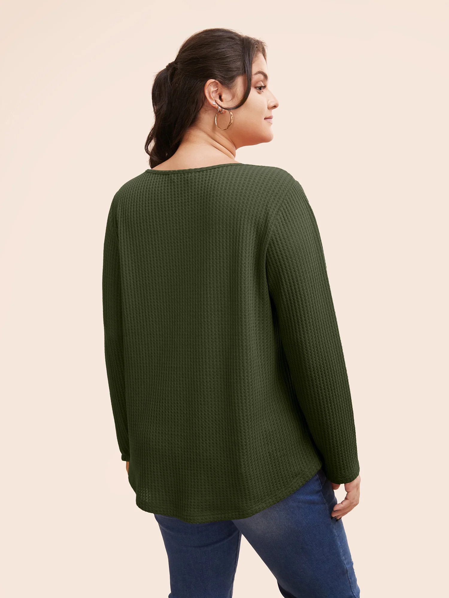 Plain Waffle Knit Scoop Neck Plicated Detail T-shirt - Image 16