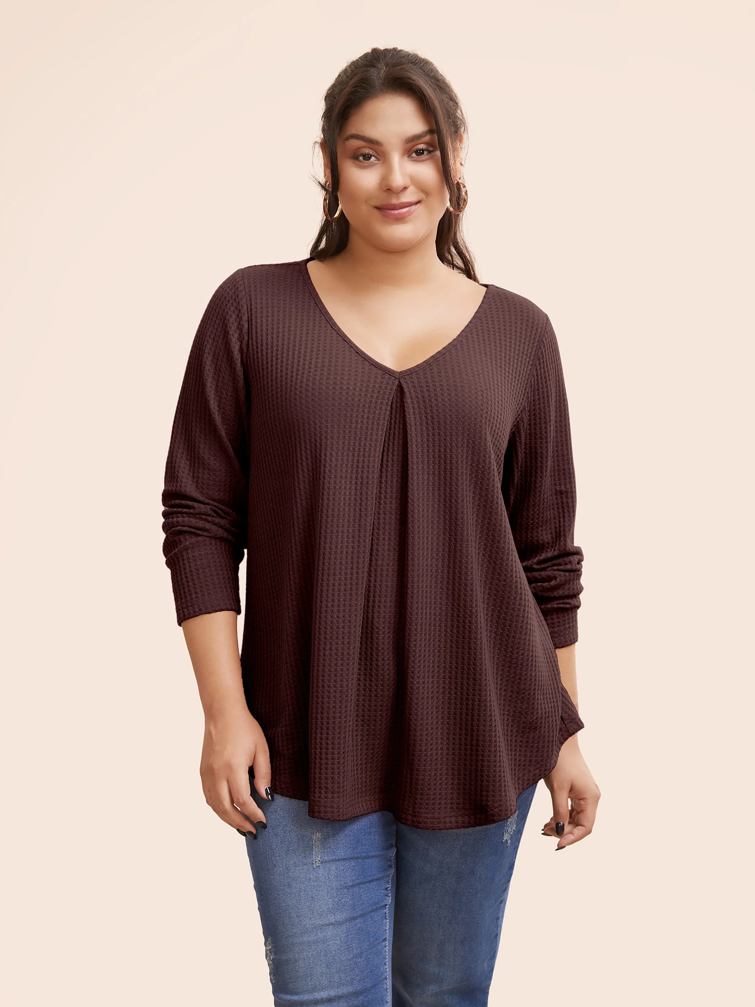 Plain Waffle Knit Scoop Neck Plicated Detail T-shirt - Image 19
