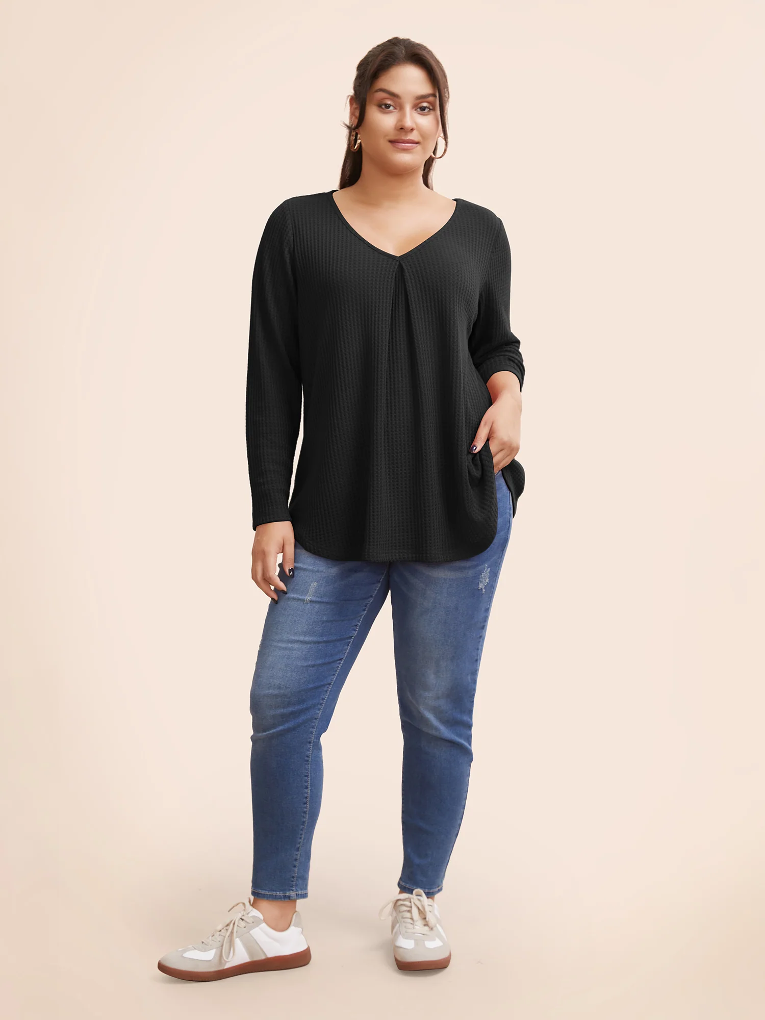 Plain Waffle Knit Scoop Neck Plicated Detail T-shirt - Image 2