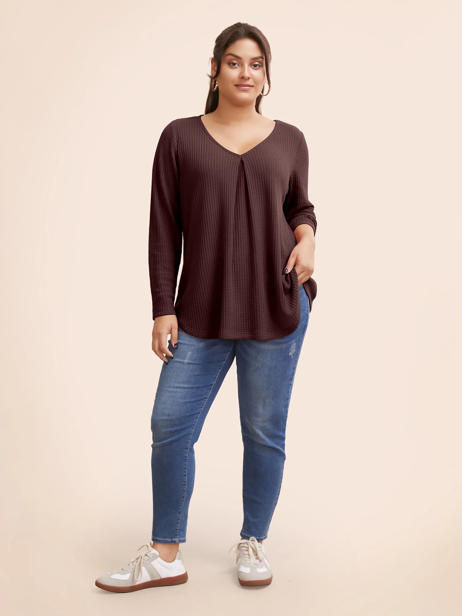 Plain Waffle Knit Scoop Neck Plicated Detail T-shirt - Image 20