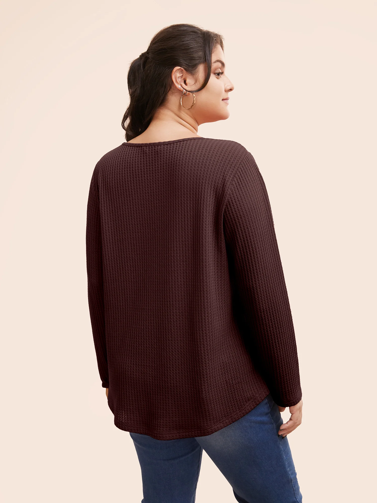 Plain Waffle Knit Scoop Neck Plicated Detail T-shirt - Image 22