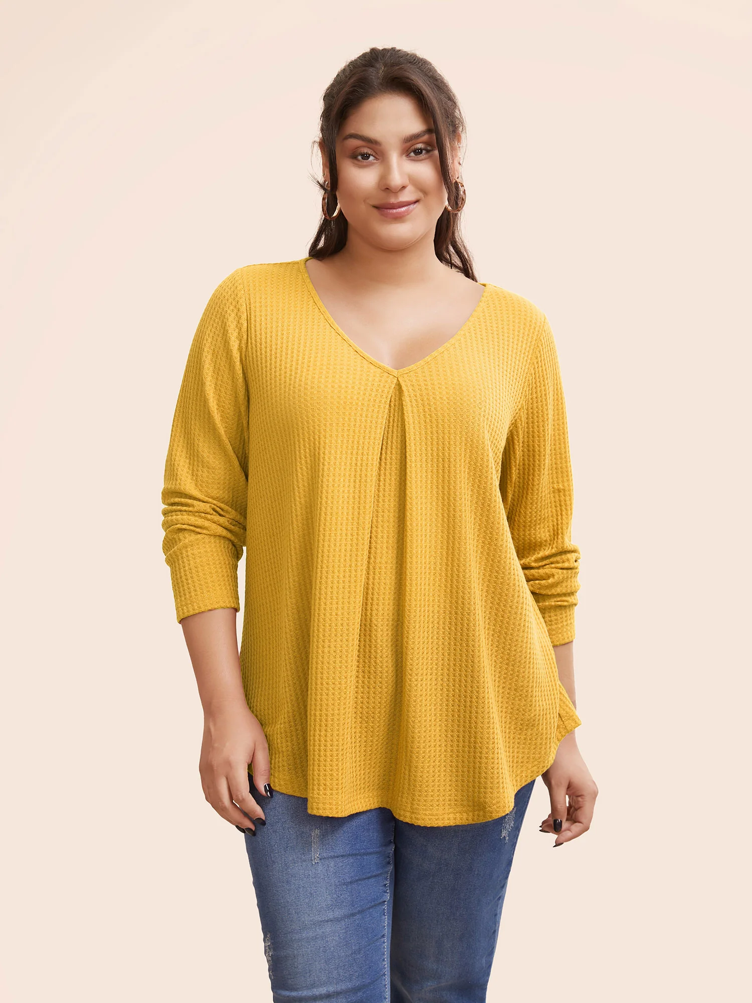 Plain Waffle Knit Scoop Neck Plicated Detail T-shirt - Image 23