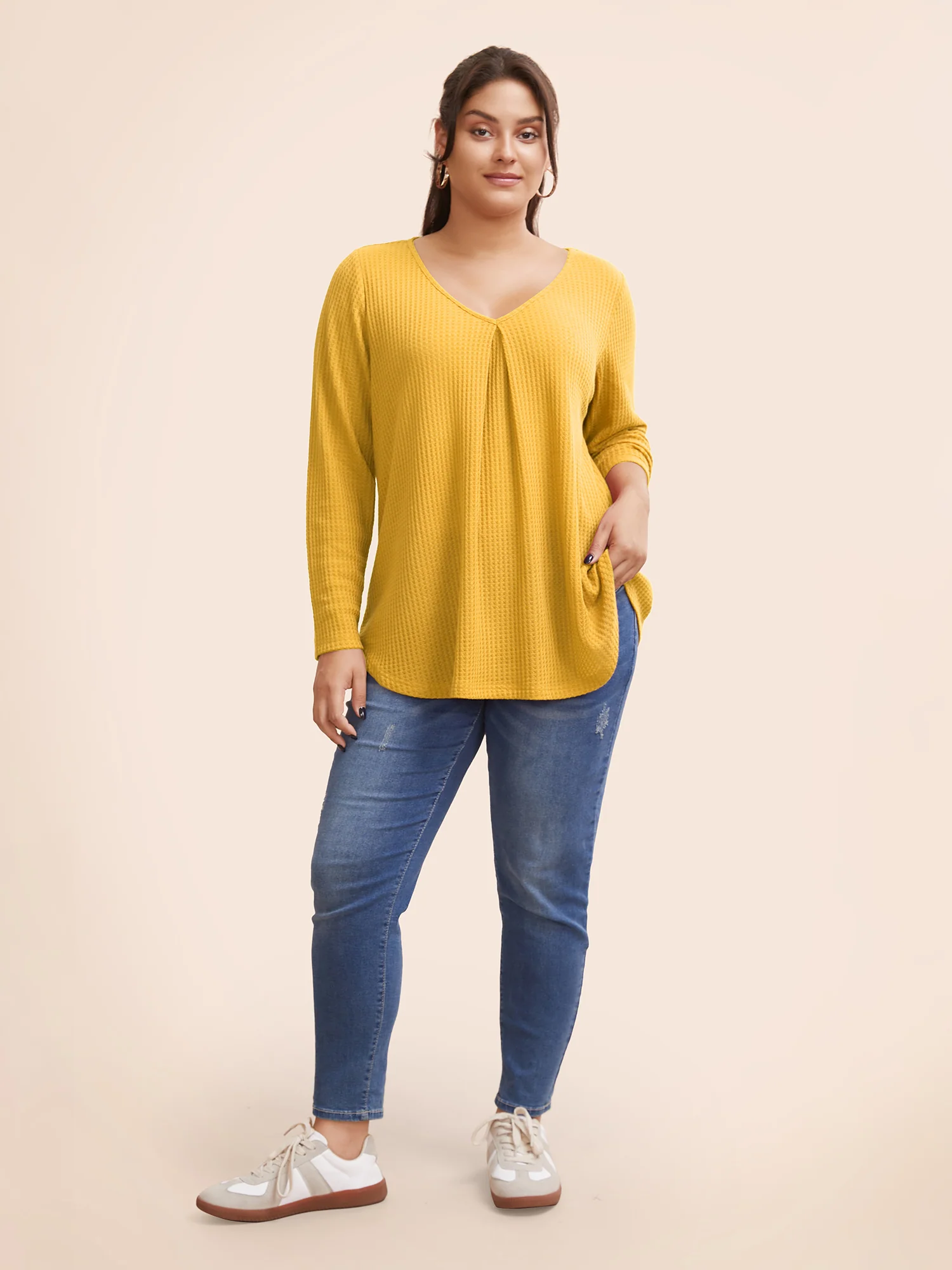 Plain Waffle Knit Scoop Neck Plicated Detail T-shirt - Image 24