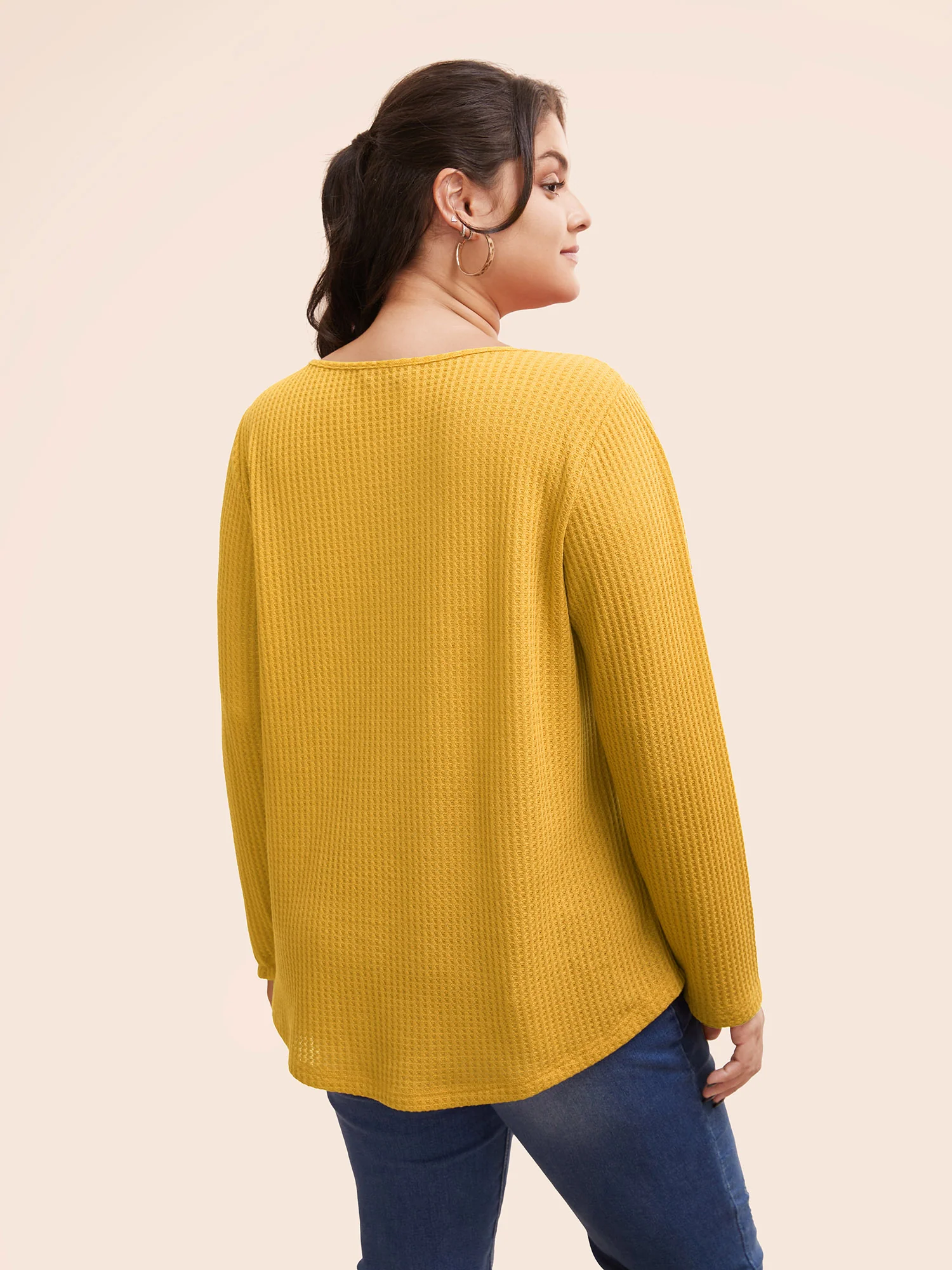 Plain Waffle Knit Scoop Neck Plicated Detail T-shirt - Image 26