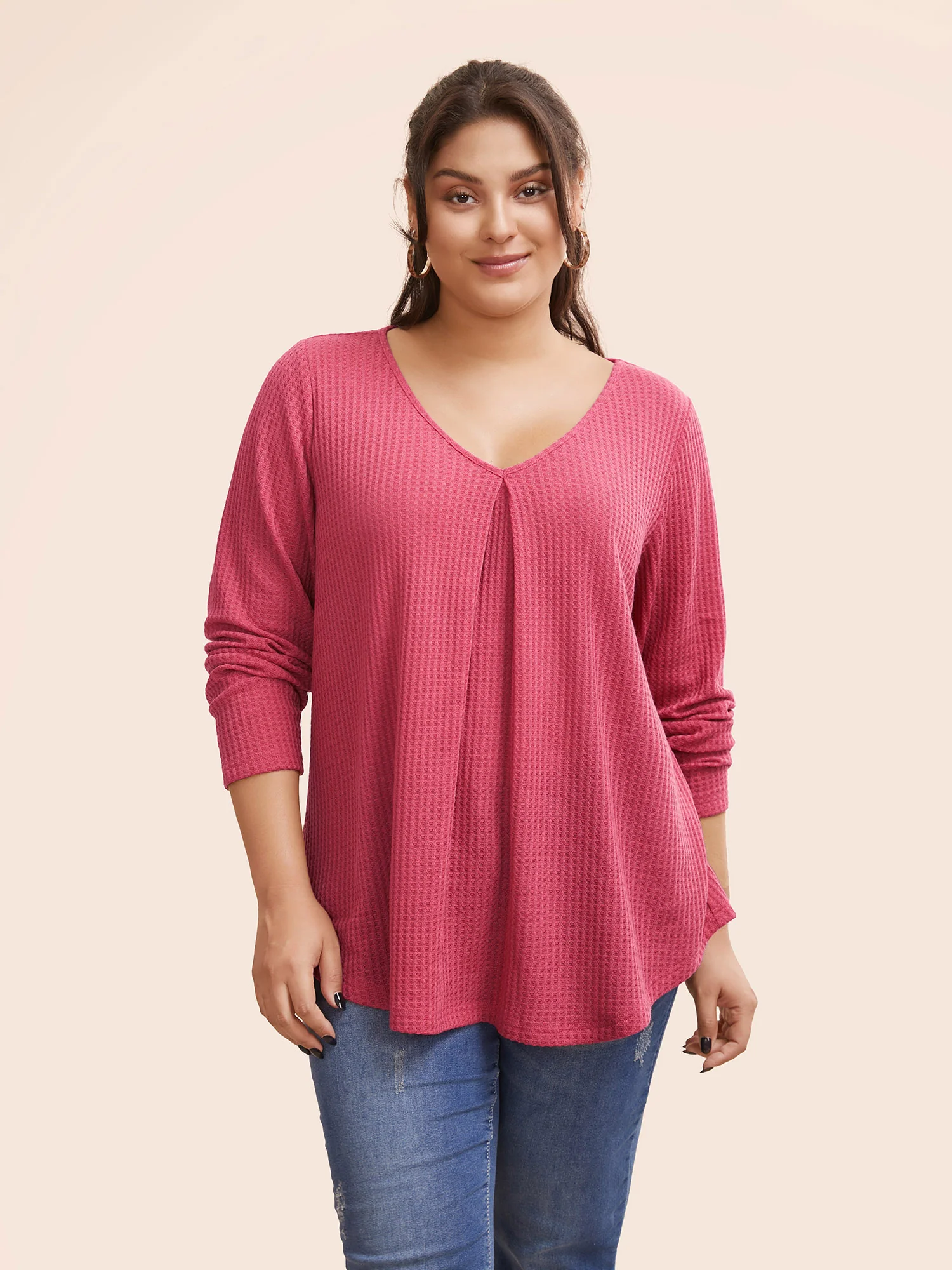 Plain Waffle Knit Scoop Neck Plicated Detail T-shirt - Image 27