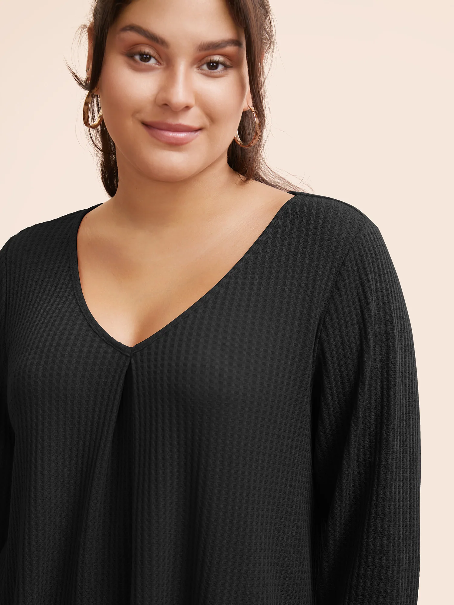 Plain Waffle Knit Scoop Neck Plicated Detail T-shirt - Image 3