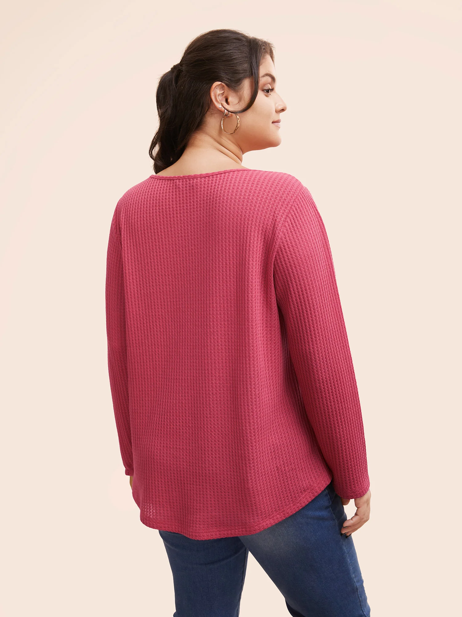 Plain Waffle Knit Scoop Neck Plicated Detail T-shirt - Image 30