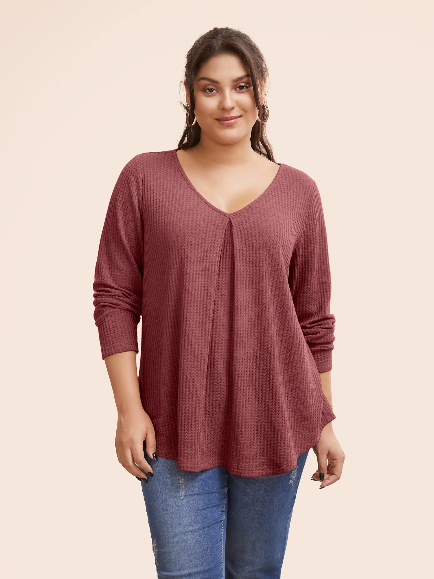 Plain Waffle Knit Scoop Neck Plicated Detail T-shirt - Image 31