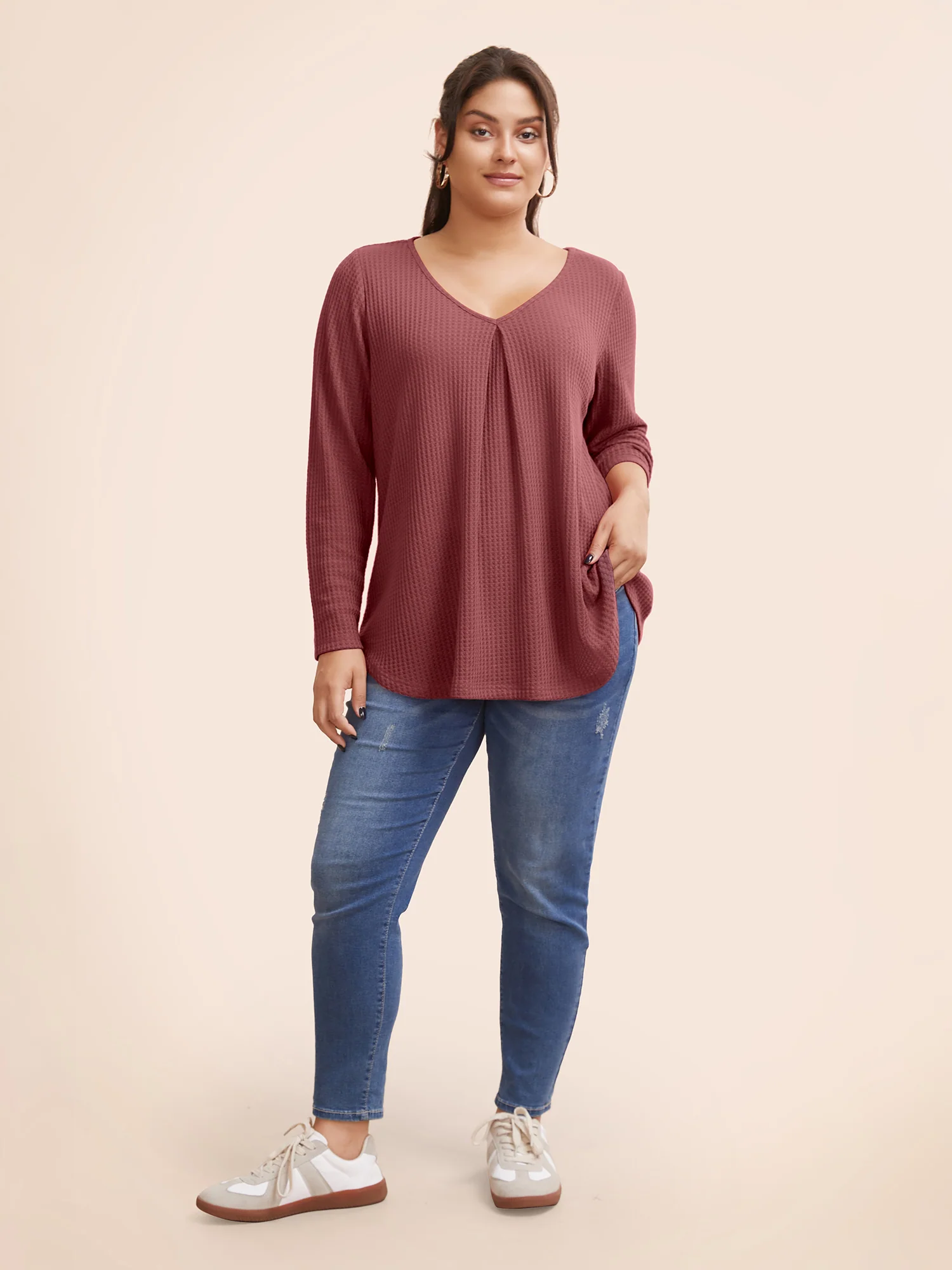 Plain Waffle Knit Scoop Neck Plicated Detail T-shirt - Image 32