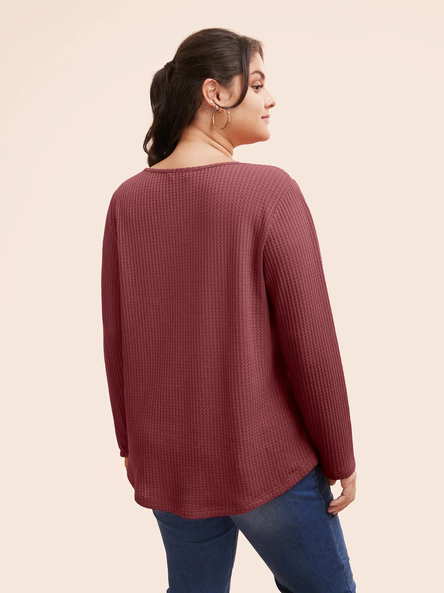 Plain Waffle Knit Scoop Neck Plicated Detail T-shirt - Image 34