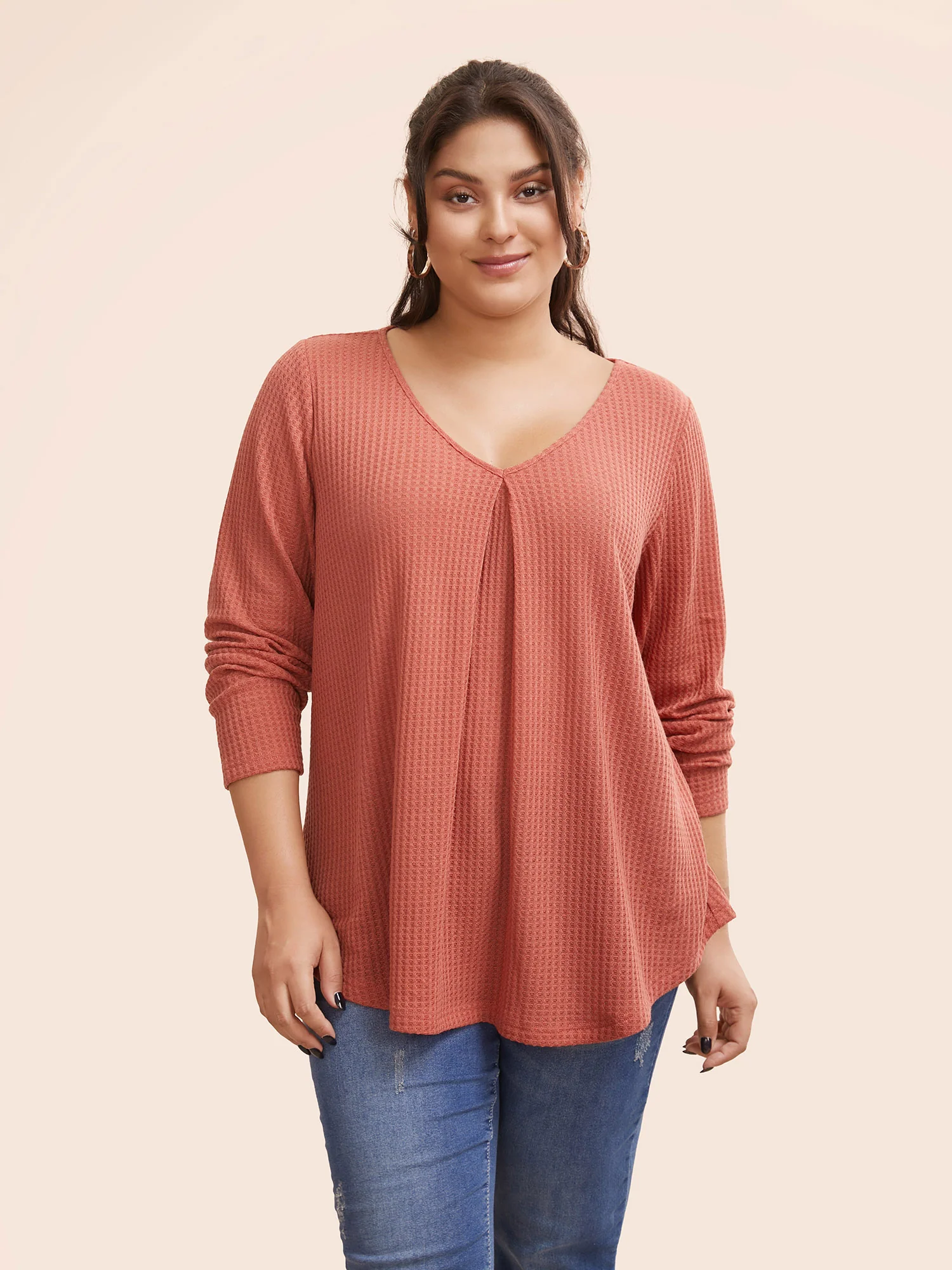 Plain Waffle Knit Scoop Neck Plicated Detail T-shirt - Image 35