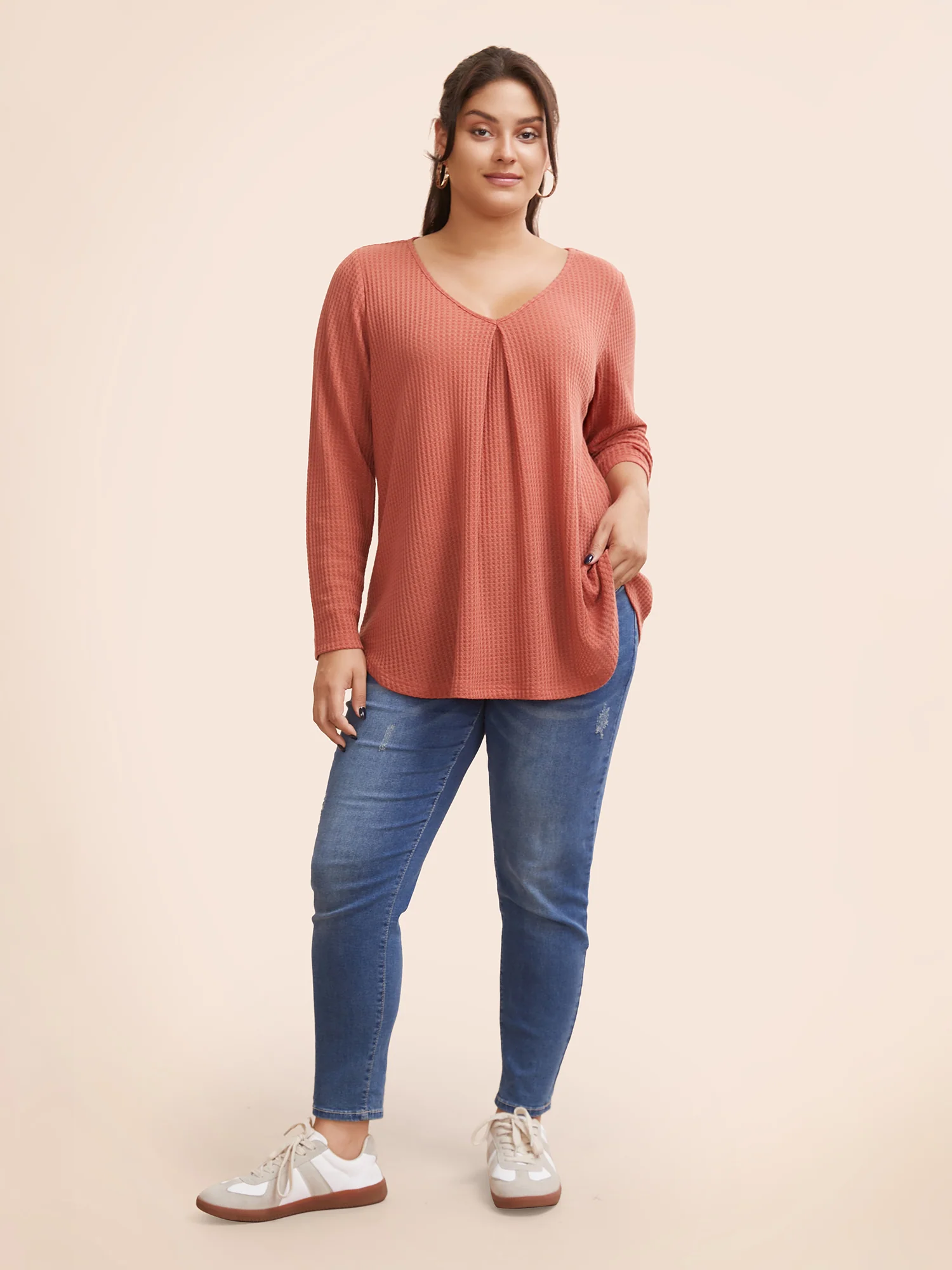 Plain Waffle Knit Scoop Neck Plicated Detail T-shirt - Image 36