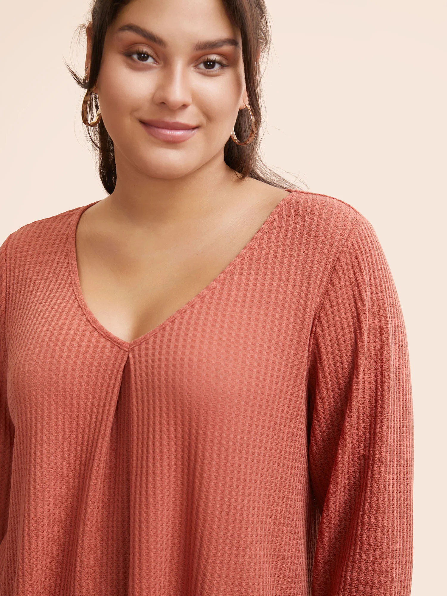 Plain Waffle Knit Scoop Neck Plicated Detail T-shirt - Image 37