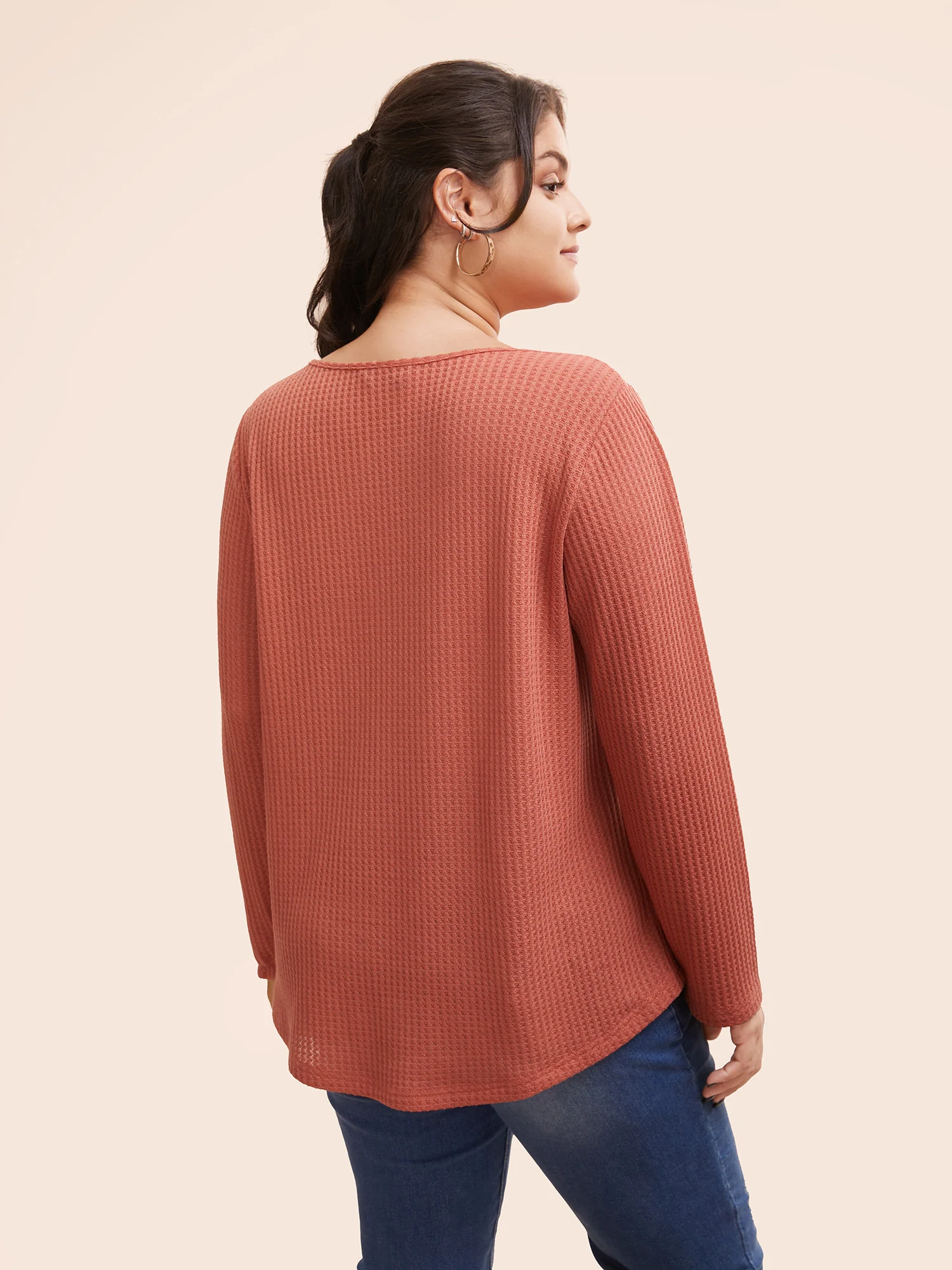Plain Waffle Knit Scoop Neck Plicated Detail T-shirt - Image 38