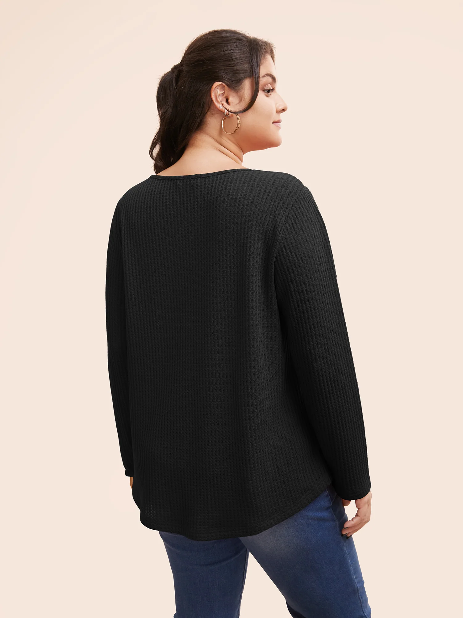 Plain Waffle Knit Scoop Neck Plicated Detail T-shirt - Image 4