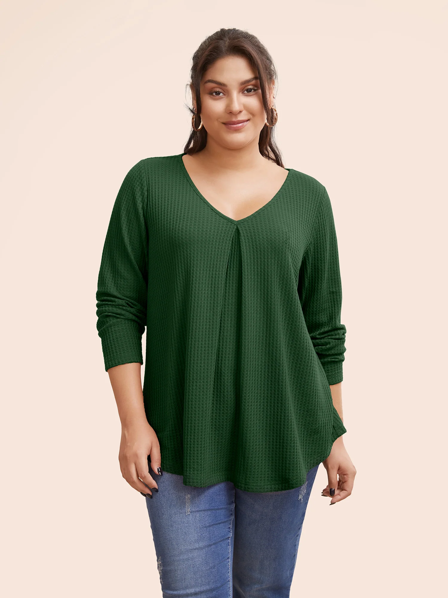 Plain Waffle Knit Scoop Neck Plicated Detail T-shirt - Image 5
