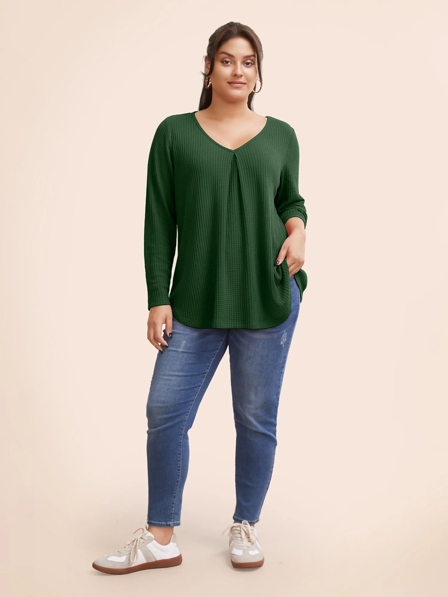 Plain Waffle Knit Scoop Neck Plicated Detail T-shirt - Image 6