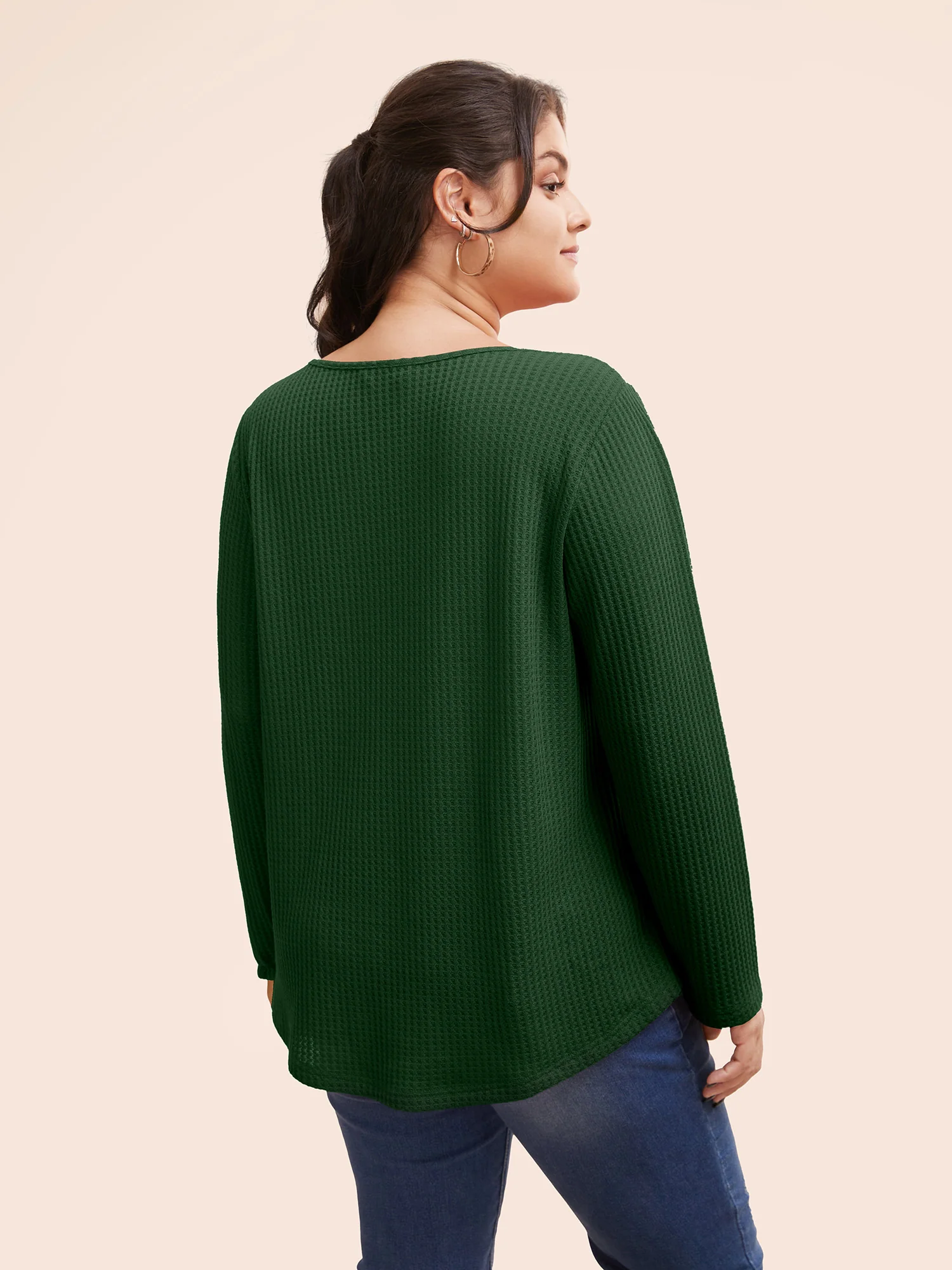 Plain Waffle Knit Scoop Neck Plicated Detail T-shirt - Image 8