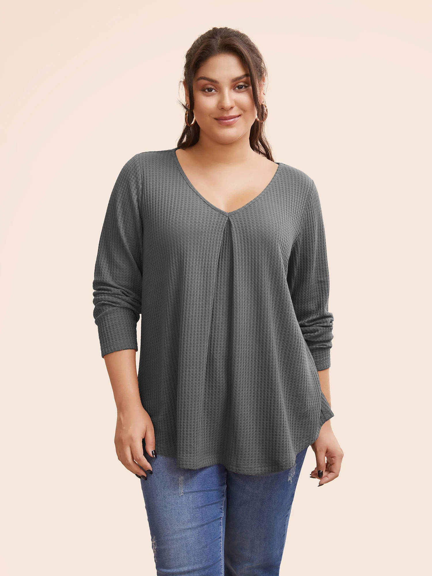Plain Waffle Knit Scoop Neck Plicated Detail T-shirt - Image 9