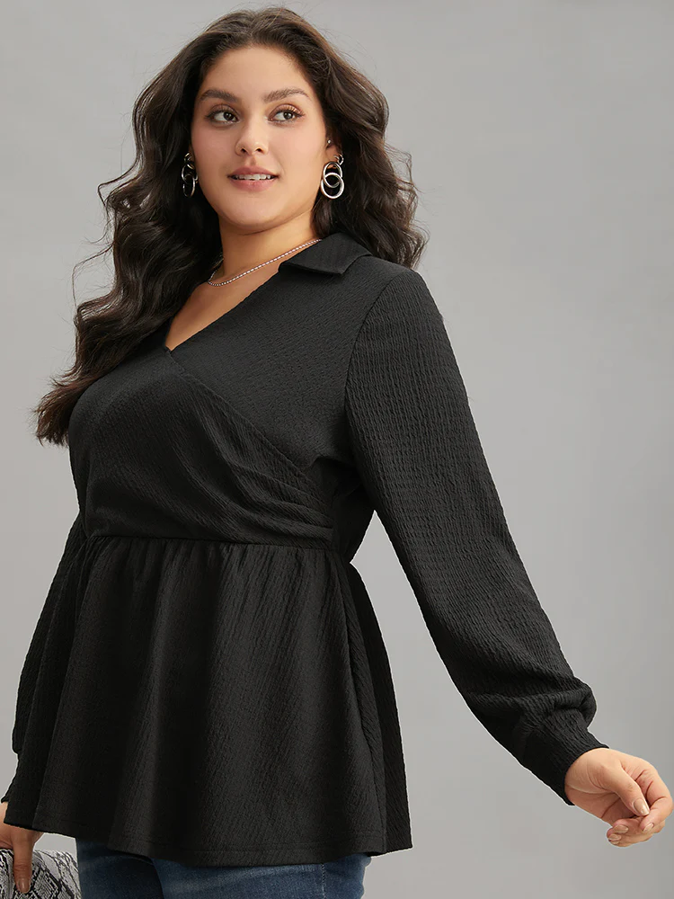 Plain Wrap Elastic Waist Texture Jacquard Blouse - Image 2