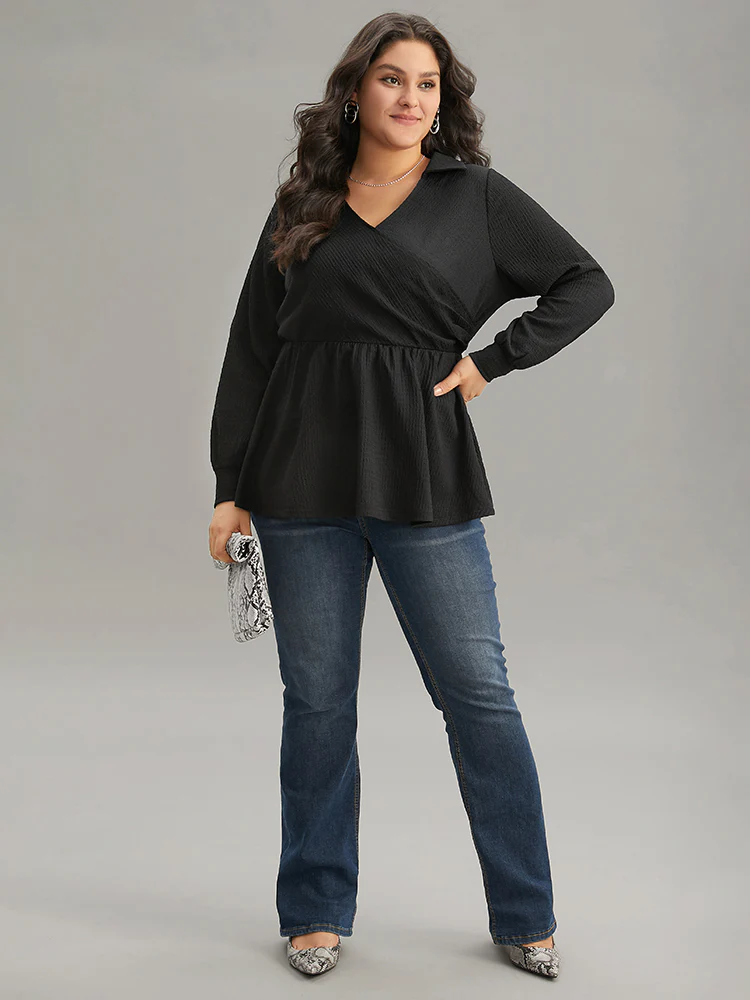 Plain Wrap Elastic Waist Texture Jacquard Blouse - Image 3