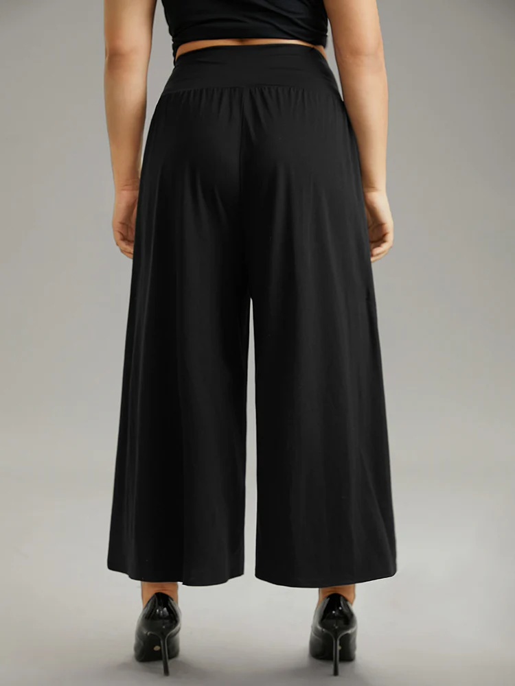 Plain Wrap Hem Wideband Waist Wide Leg Pants - Image 2