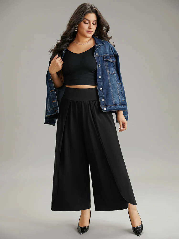 Plain Wrap Hem Wideband Waist Wide Leg Pants - Image 3
