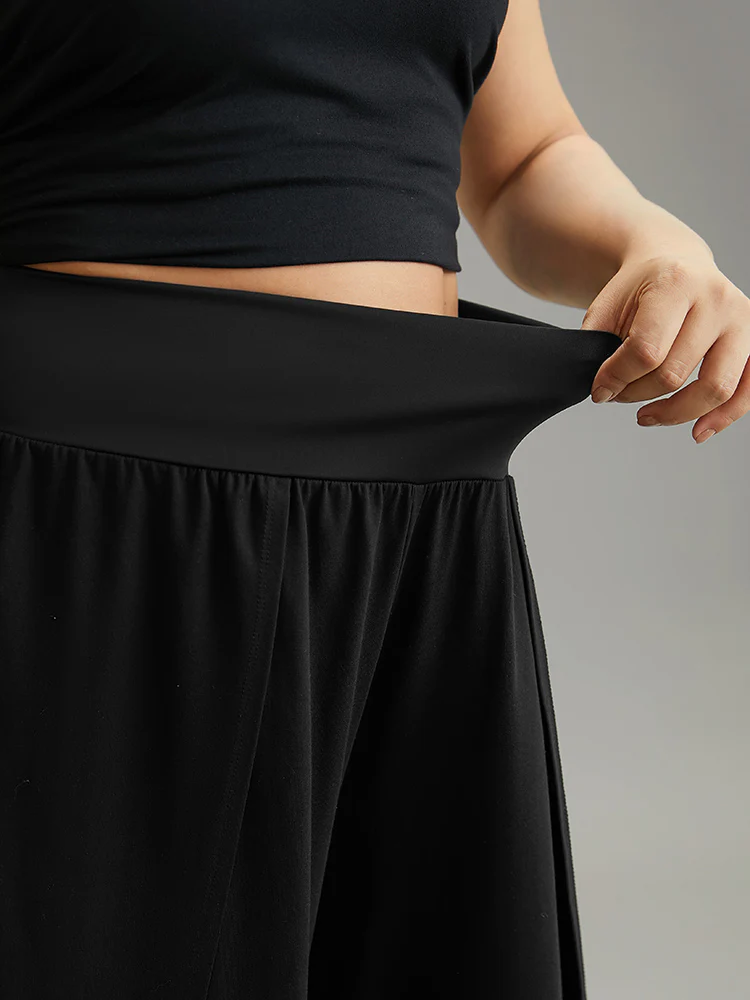 Plain Wrap Hem Wideband Waist Wide Leg Pants - Image 4