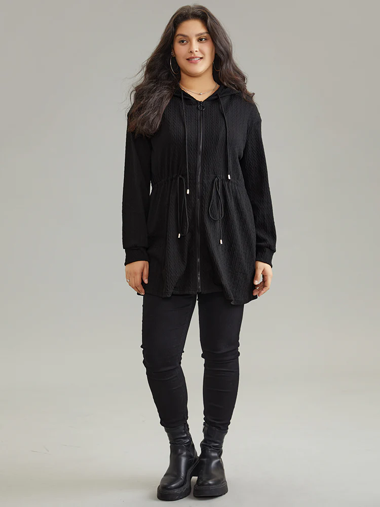 Plain Zipper Elastic Waist Drawstring Coat - Image 3