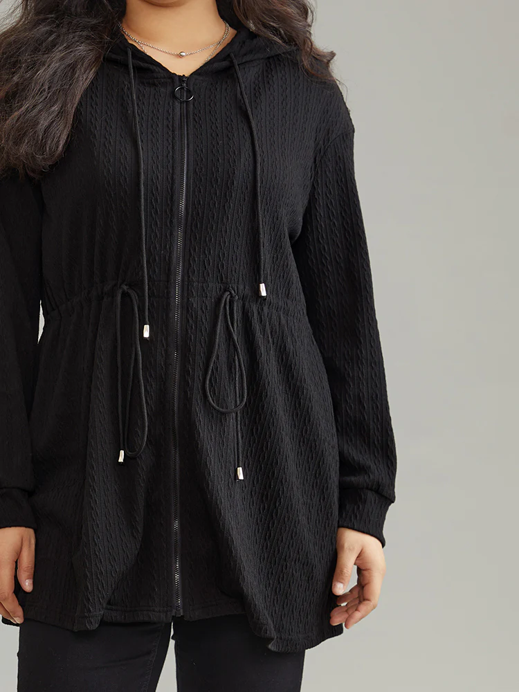 Plain Zipper Elastic Waist Drawstring Coat - Image 5