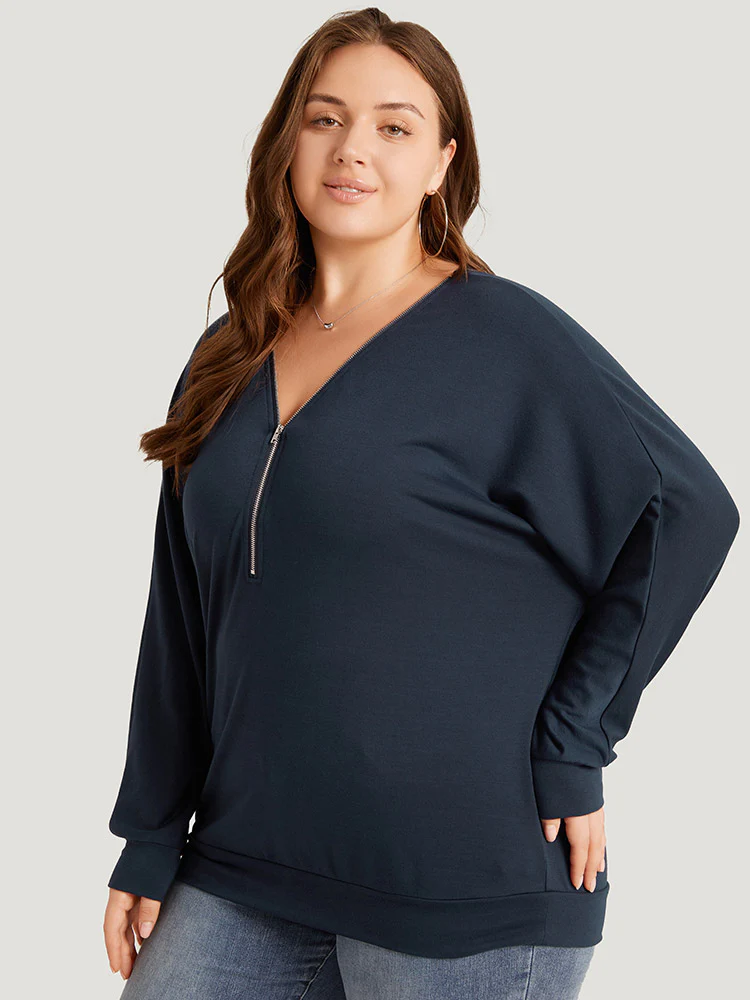 Plain Zipper Half Elastic Cuffs Batwing Sleeve Sweatshirt - Image 3