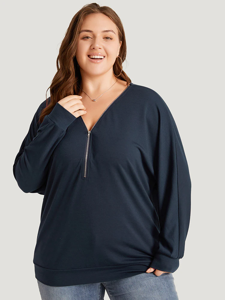 Plain Zipper Half Elastic Cuffs Batwing Sleeve Sweatshirt - Image 4