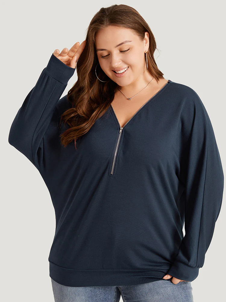 Plain Zipper Half Elastic Cuffs Batwing Sleeve Sweatshirt - Image 5