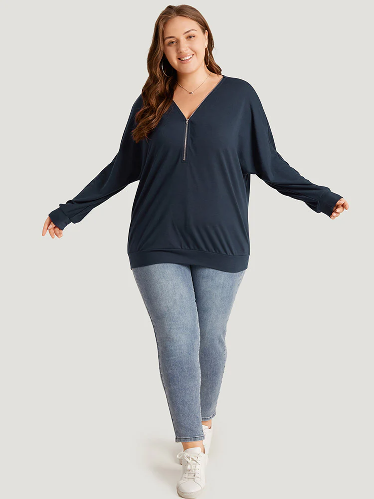 Plain Zipper Half Elastic Cuffs Batwing Sleeve Sweatshirt - Image 6