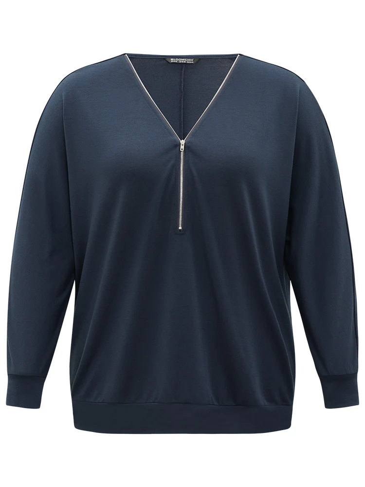 Plain Zipper Half Elastic Cuffs Batwing Sleeve Sweatshirt - Image 9