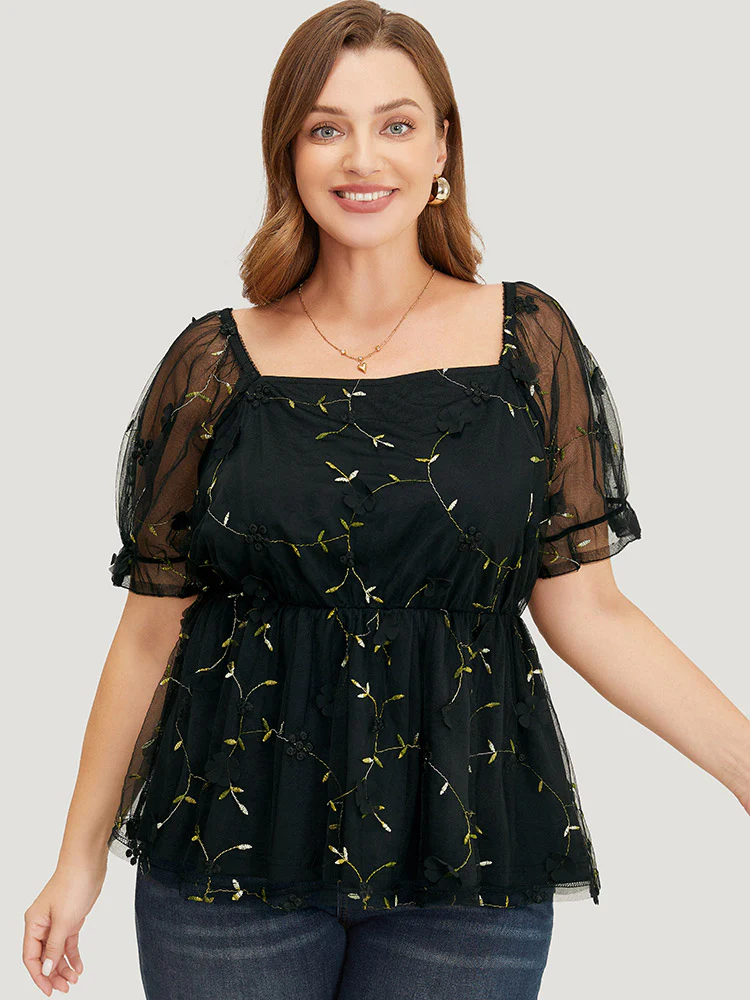 Plant Embroidered Appliques Mesh Puff Sleeve  Blouse - Image 2