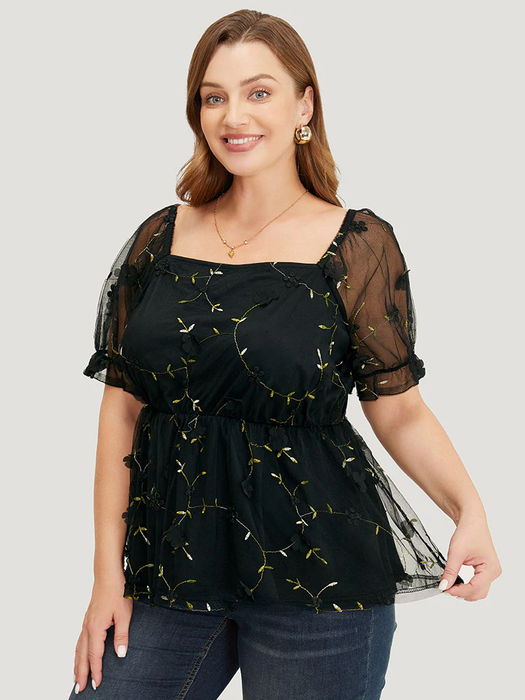 Plant Embroidered Appliques Mesh Puff Sleeve  Blouse - Image 3