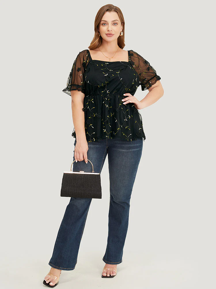 Plant Embroidered Appliques Mesh Puff Sleeve  Blouse - Image 4