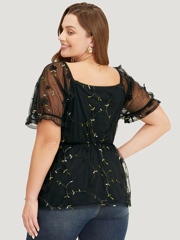 Plant Embroidered Appliques Mesh Puff Sleeve  Blouse - Image 5